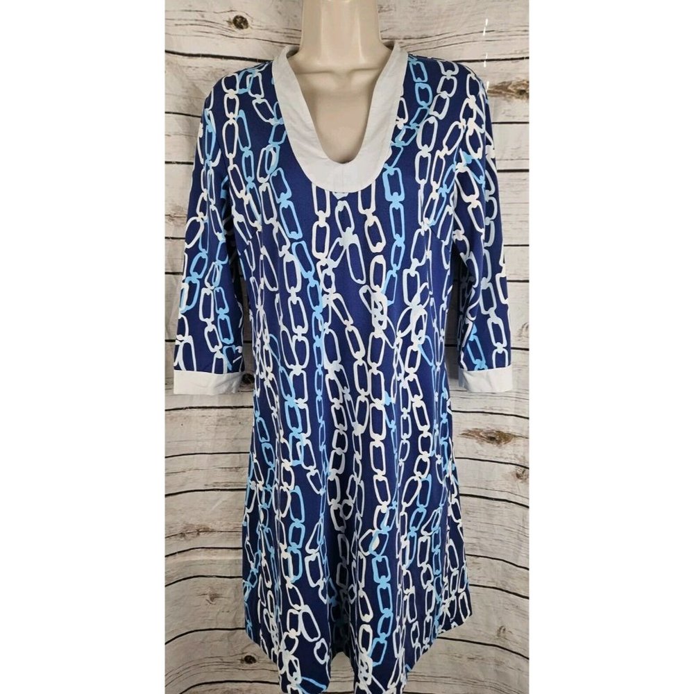 J McLaughlin Blue Geo Chain Knit Dress M Catalina Cloth Nylon Shift Scoop Neck
